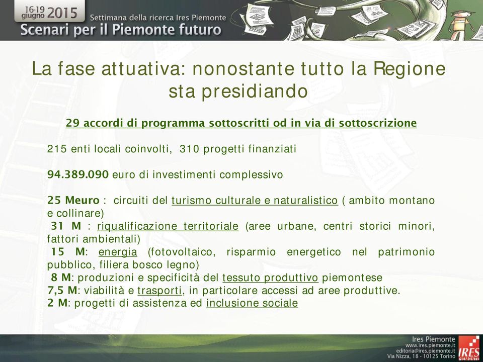 090 euro di investimenti complessivo 25 Meuro : circuiti del turismo culturale e naturalistico ( ambito montano e collinare) 31 M : riqualificazione territoriale (aree