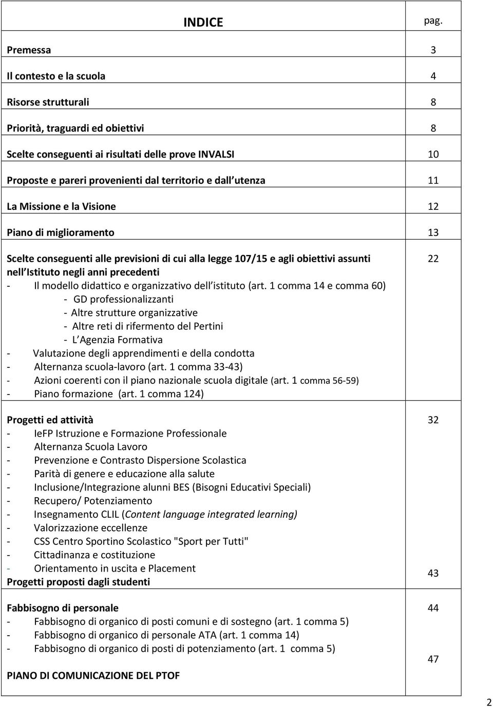 dall utenza 11 La Missione e la Visione 12 Piano di miglioramento 13 Scelte conseguenti alle previsioni di cui alla legge 107/15 e agli obiettivi assunti nell Istituto negli anni precedenti - Il