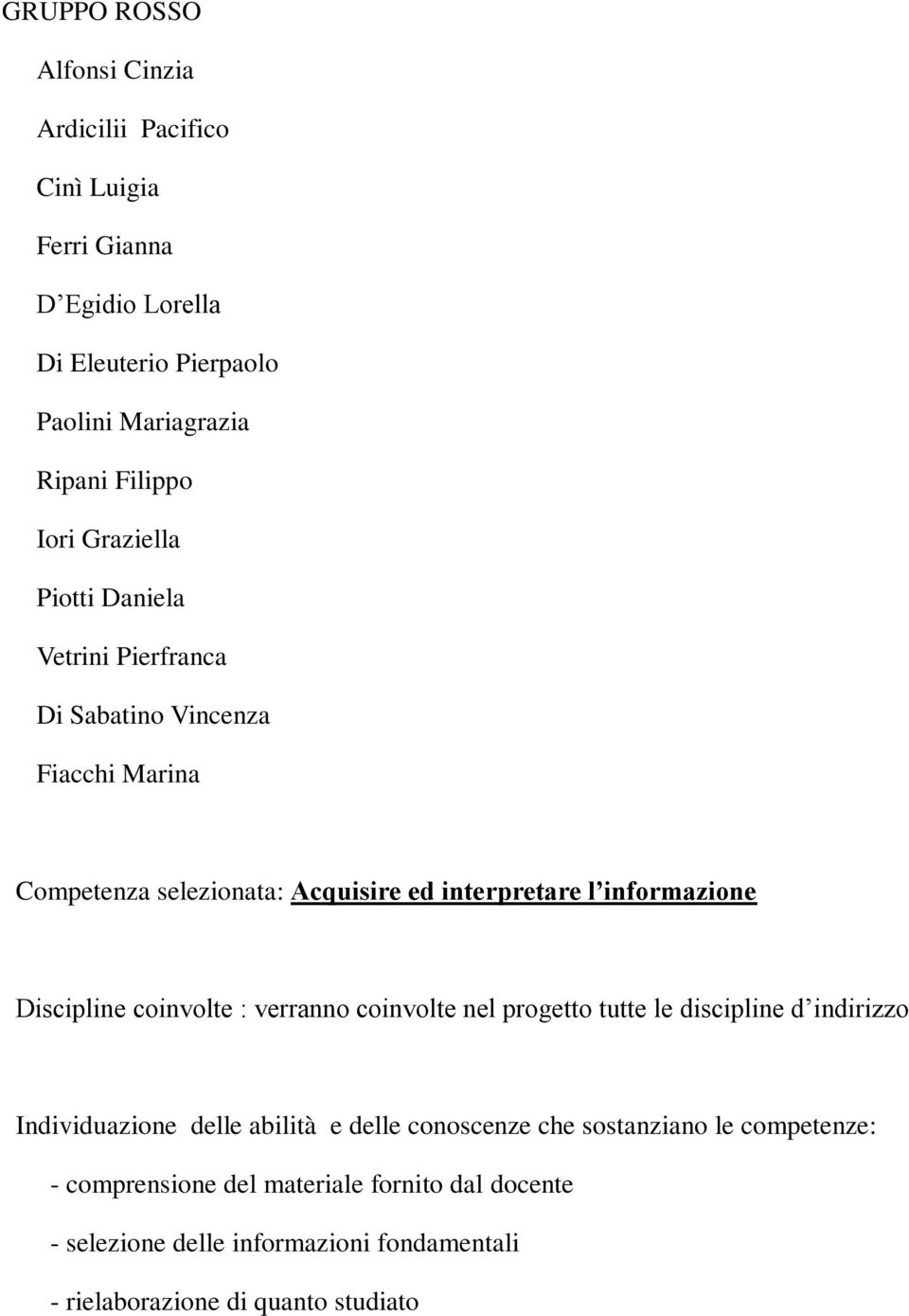 informazione Discipline coinvolte : verranno coinvolte nel progetto tutte le discipline d indirizzo Individuazione delle abilità e delle conoscenze