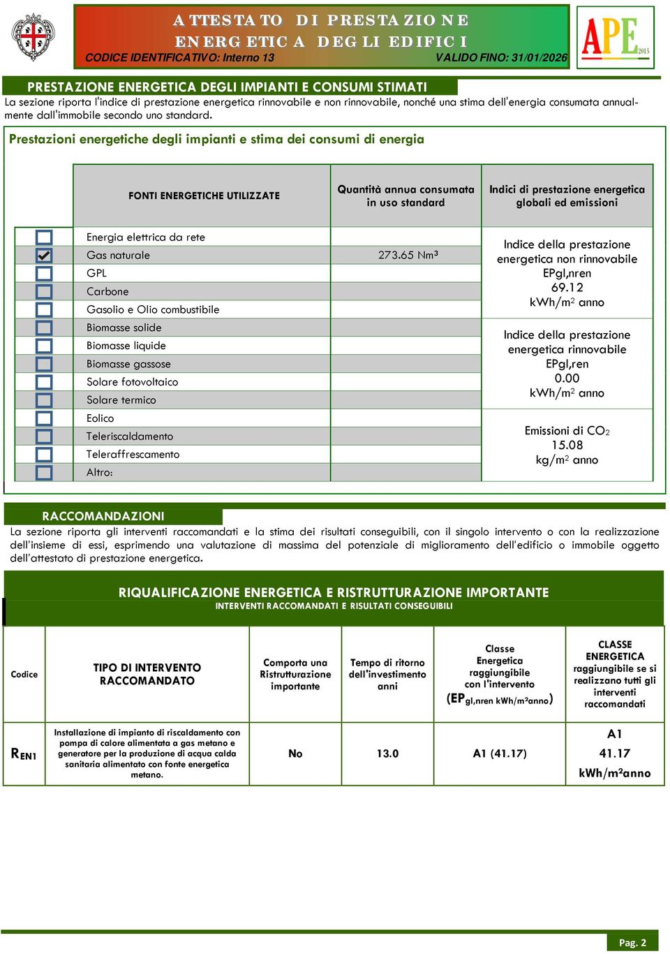 Prestazioni energetiche degli impianti e stima dei consumi di energia FONTI ENERGETICHE UTILIZZATE Quantità annua consumata in uso standard Indici di prestazione energetica globali ed emissioni