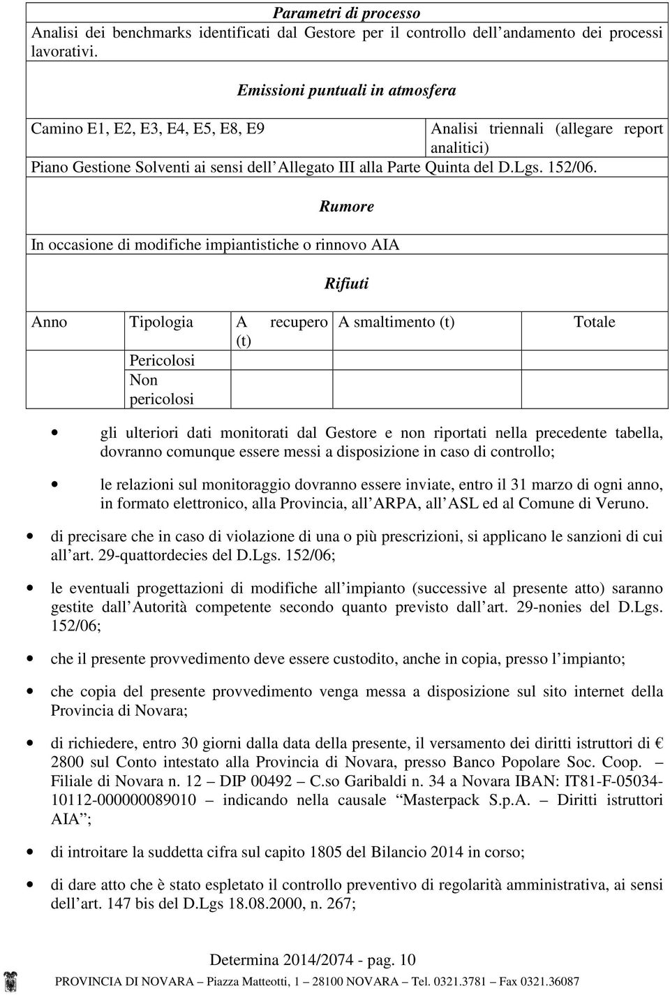 Rumore In occasione di modifiche impiantistiche o rinnovo AIA Rifiuti Anno Tipologia A recupero (t) Pericolosi Non pericolosi A smaltimento (t) Totale gli ulteriori dati monitorati dal Gestore e non