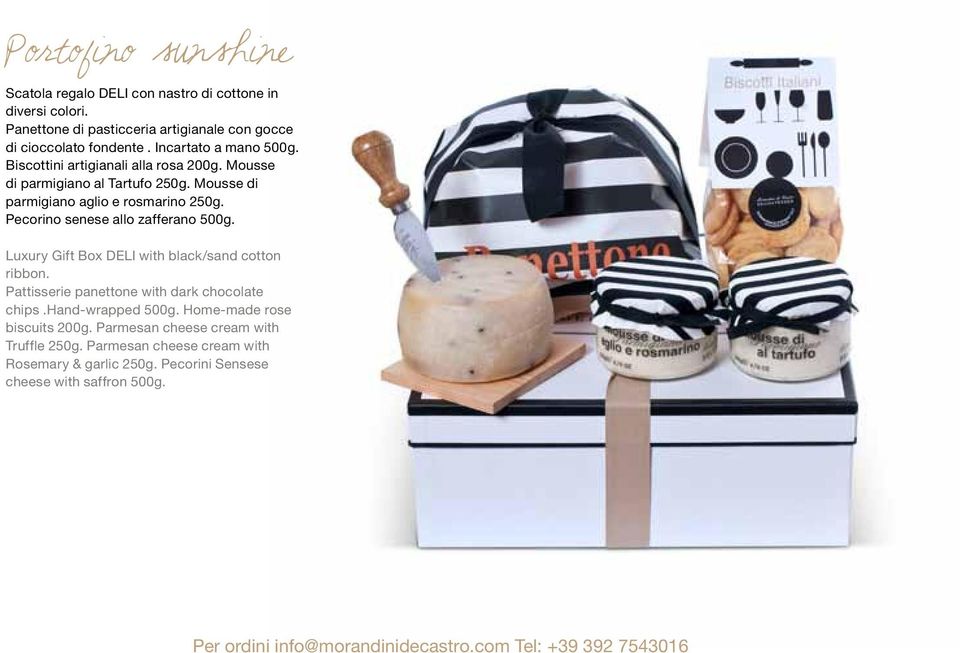 Pecorino senese allo zafferano 500g. Luxury Gift Box DELI with black/sand cotton ribbon. Pattisserie panettone with dark chocolate chips.hand-wrapped 500g.