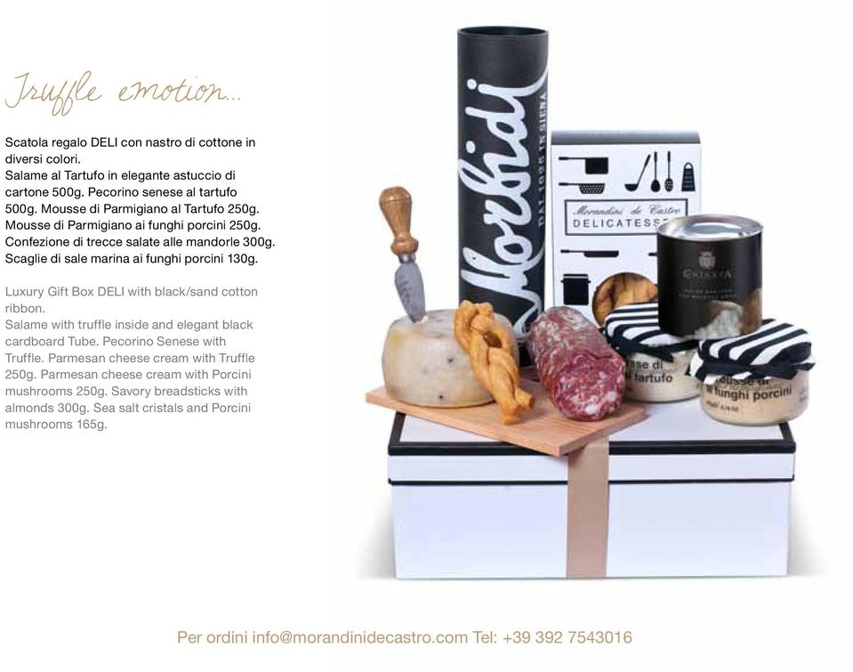 Luxury Gift Box DELI with black/sand cotton ribbon. Salame with truffle inside and elegant black cardboard Tube. Pecorino Senese with Truffle.