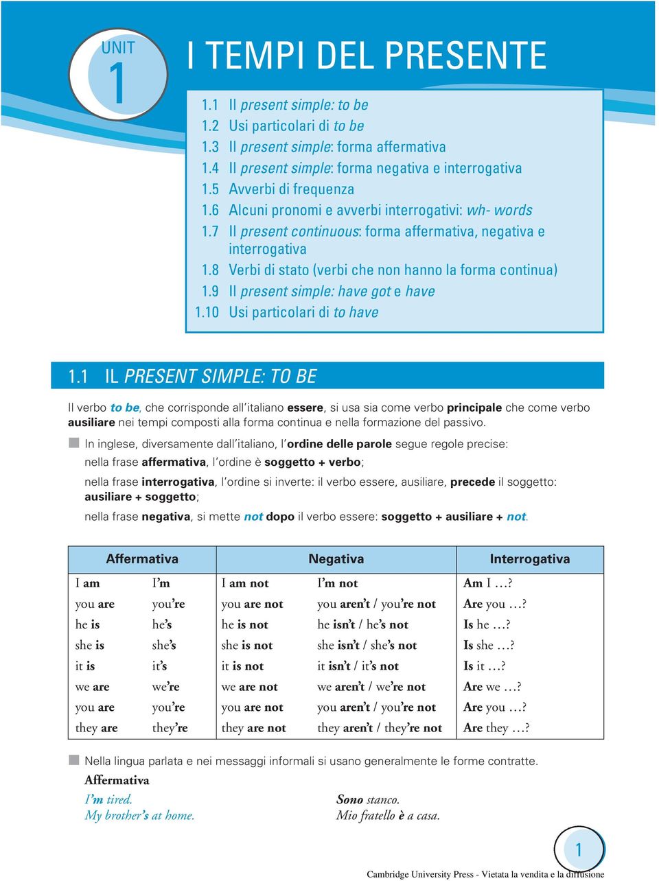 9 Il present simple: have got e have 1.10 Usi particolari di to have 1.