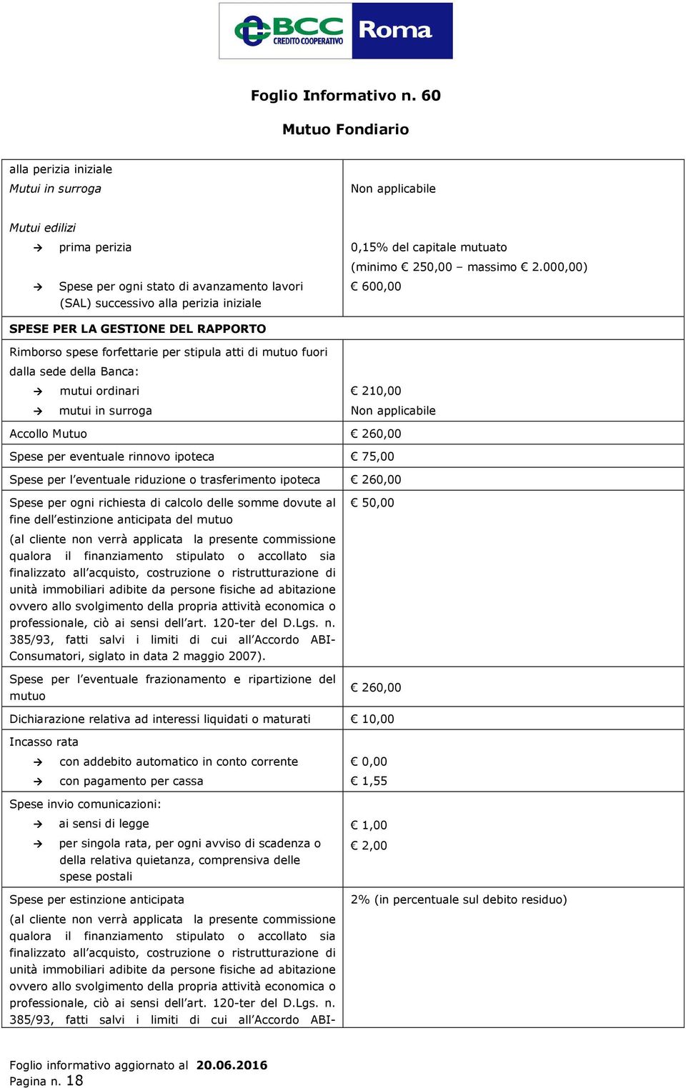 000,00) 600,00 SPESE PER LA GESTIONE DEL RAPPORTO Rimborso spese forfettarie per stipula atti di mutuo fuori dalla sede della Banca: mutui ordinari mutui in surroga 210,00 Non applicabile Accollo