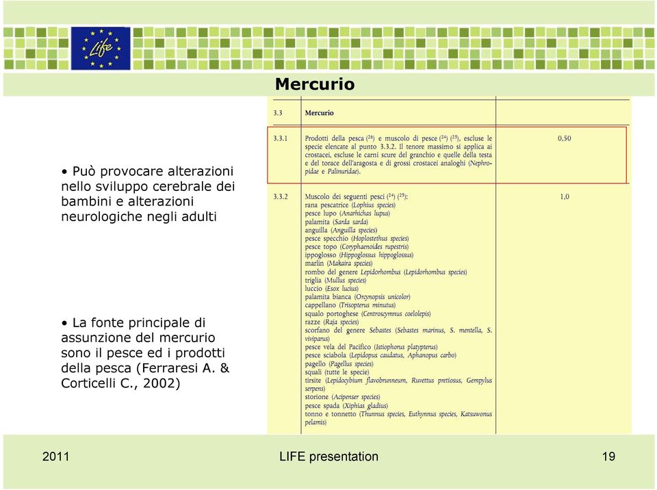 principale di assunzione del mercurio sono il pesce ed i prodotti