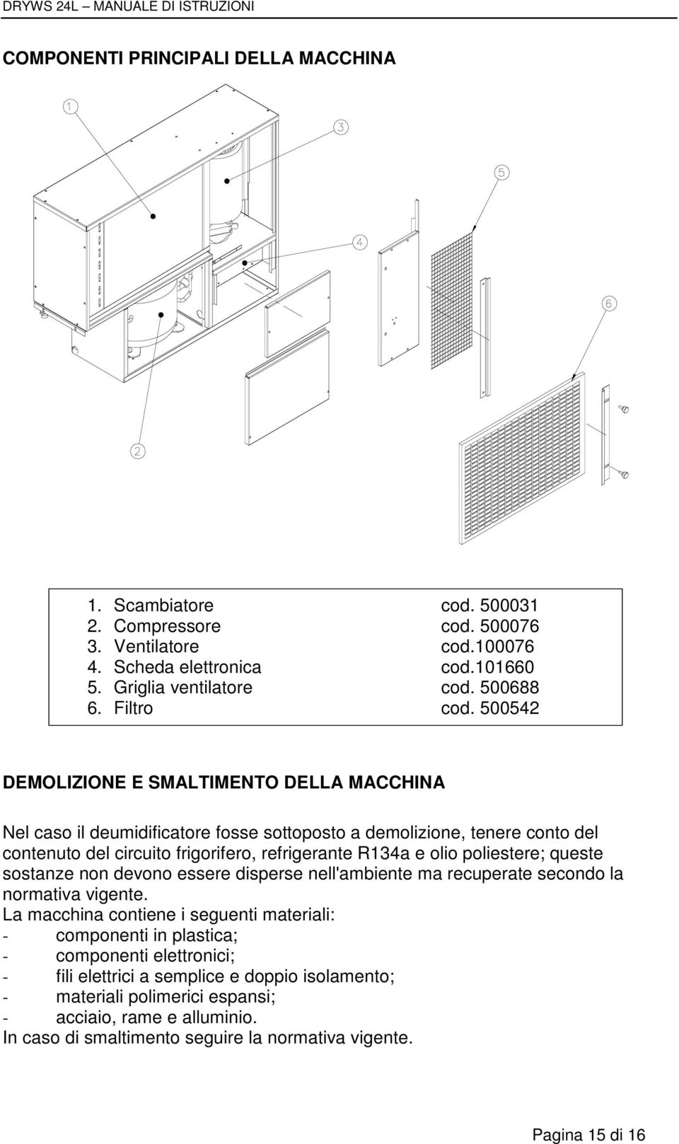 DEMOLIZIONE E SMALTIMENTO DELLA MACCHINA Nel caso il deumidificatore fosse sottoposto a demolizione, tenere conto del contenuto del circuito frigorifero, refrigerante R134a e olio poliestere;