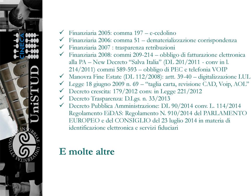 39-40 digitalizzazione LUL Legge 18 giugno 2009 n. 69 taglia carta, revisione CAD, Voip, AOL Decreto crescita: 179/2012 conv. in Legge 221/2012 Decreto Trasparenza: D.Lgs. n. 33/2013 Decreto Pubblica Amministrazione: DL 90/2014 conv.