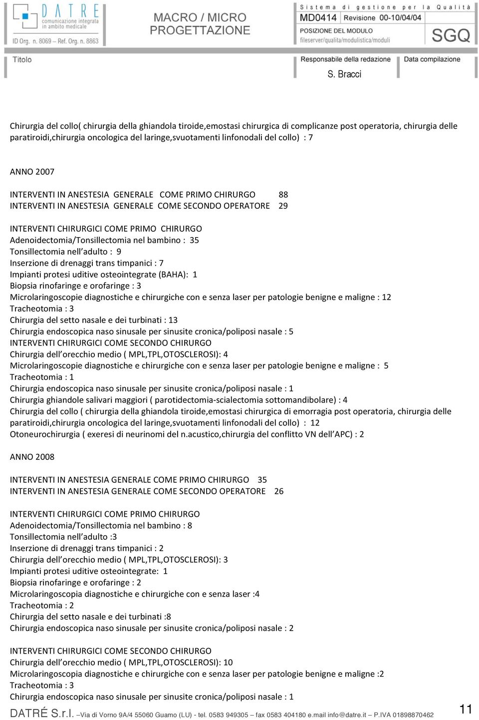 Tonsillectomianell adulto:9 Inserzionedidrenaggitranstimpanici:7 Impiantiprotesiuditiveosteointegrate(BAHA):1 Biopsiarinofaringeeorofaringe:3