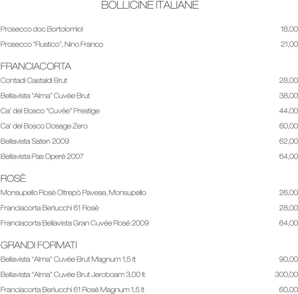 Monsupello Rosè Oltrepò Pavese, Monsupello 26,00 Franciacorta Berlucchi 61 Rosè 28,00 Franciacorta Bellavista Gran Cuvée Rosé 2009 64,00 GRANDI