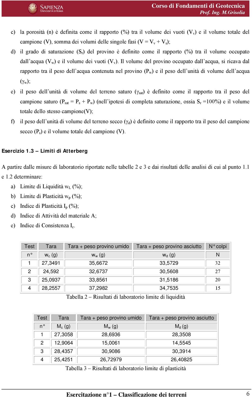 Il volume del provino occupato dall acqua, si ricava dal rapporto tra il peso dell acqua contenuta nel provino (P w ) e il peso dell unità di volume dell acqua (γ w ); e) il peso dell unità di volume