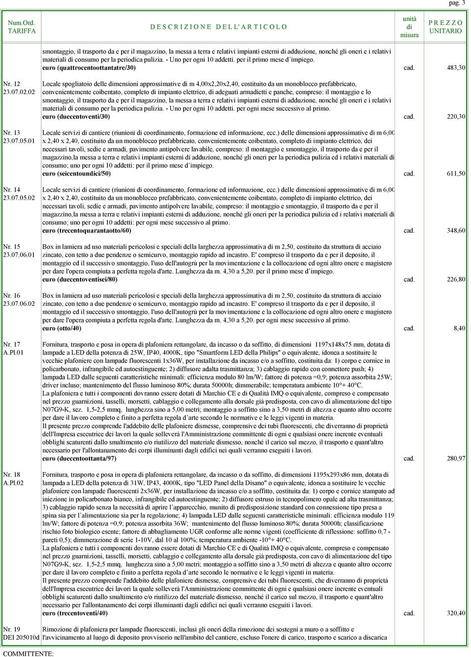 12 Locale spogliatoio delle mensioni approssimative m 4,00x2,20x2,40, costituito da un monoblocco prefabbricato, 23.07.02.