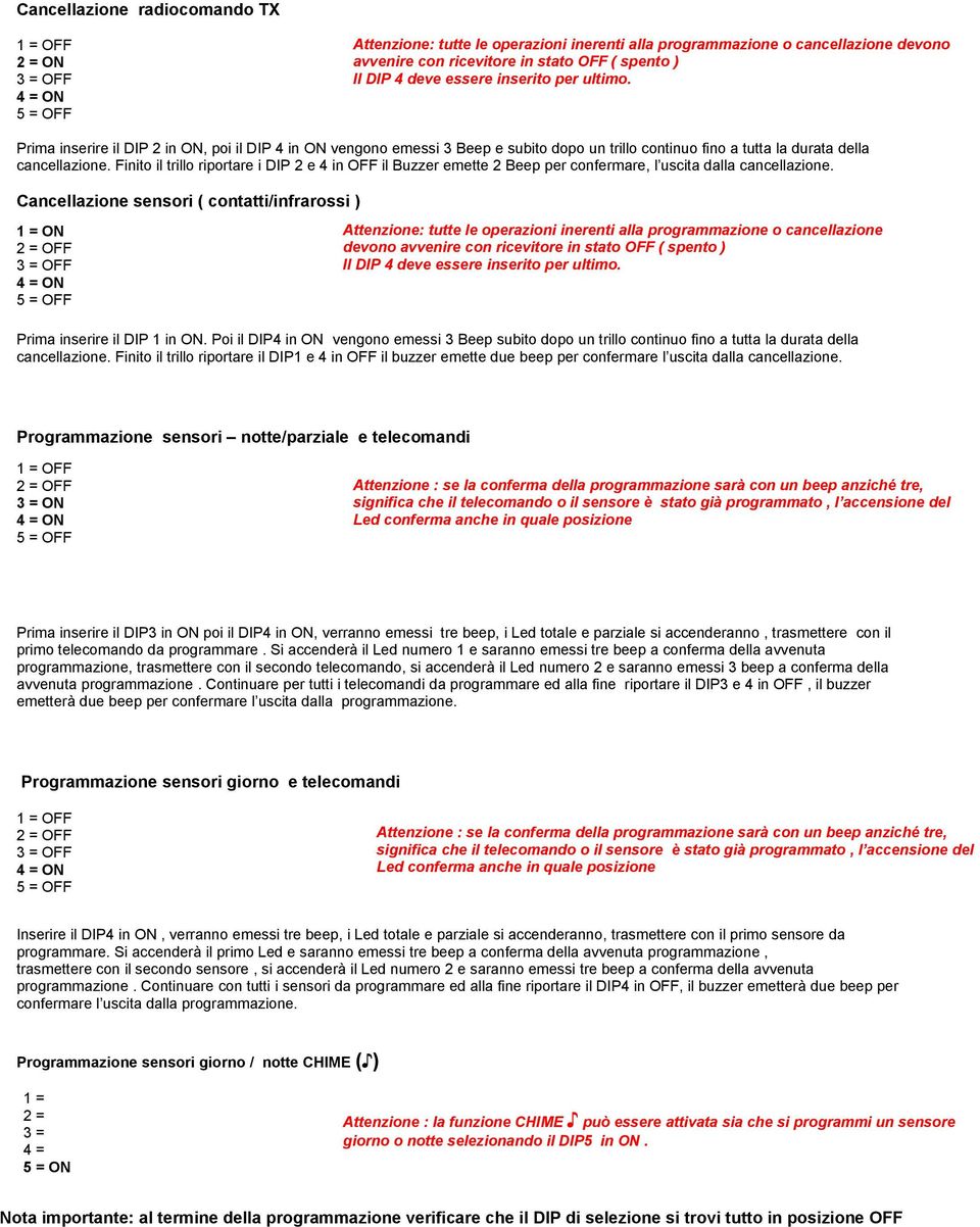 Finito il trillo riportare i DIP 2 e 4 in OFF il Buzzer emette 2 Beep per confermare, l uscita dalla cancellazione.