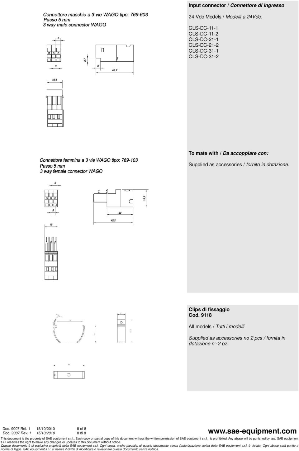 Supplied as accessories / fornito in dotazione. Clips di fissaggio Cod.