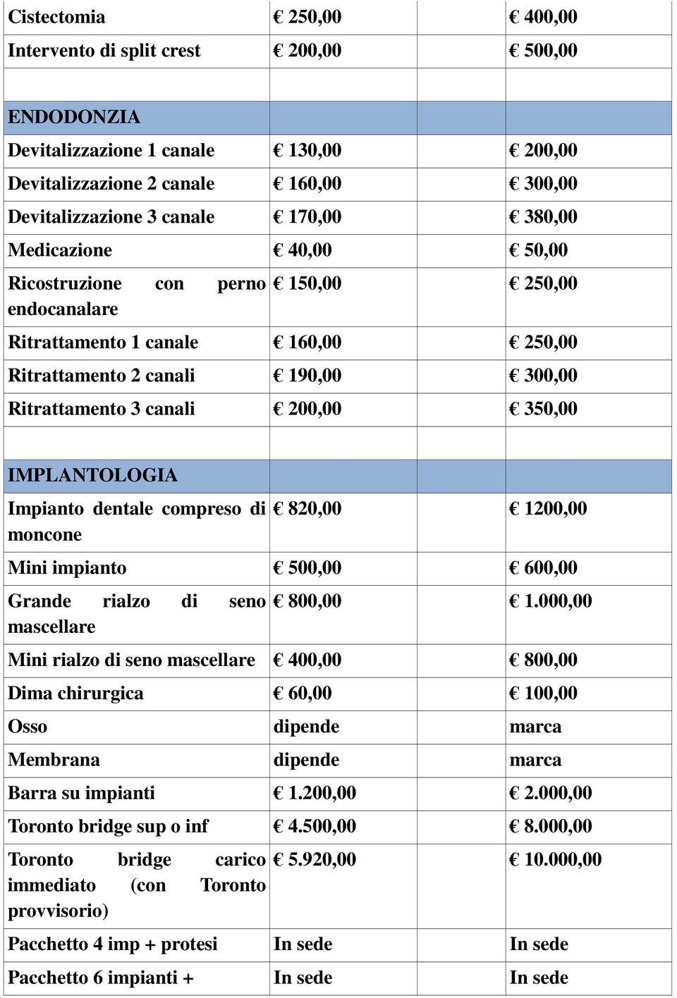 Impianto dentale compreso di moncone 820,00 1200,00 Mini impianto 500,00 600,00 Grande rialzo di seno mascellare 800,00 1.