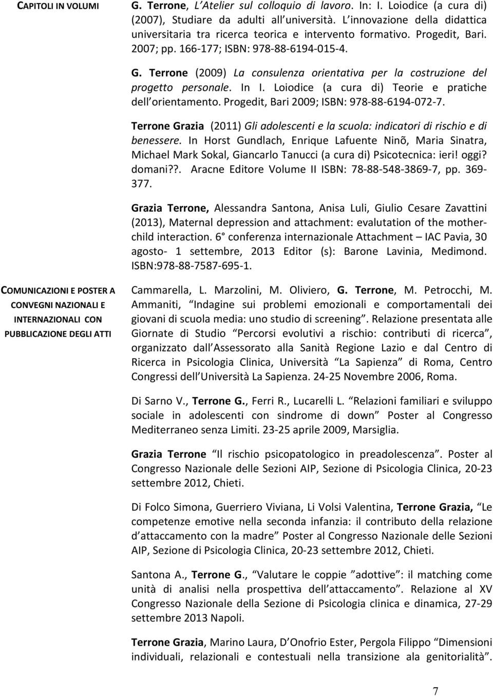 Terrone (2009) La consulenza orientativa per la costruzione del progetto personale. In I. Loiodice (a cura di) Teorie e pratiche dell orientamento. Progedit, Bari 2009; ISBN: 978-88-6194-072-7.