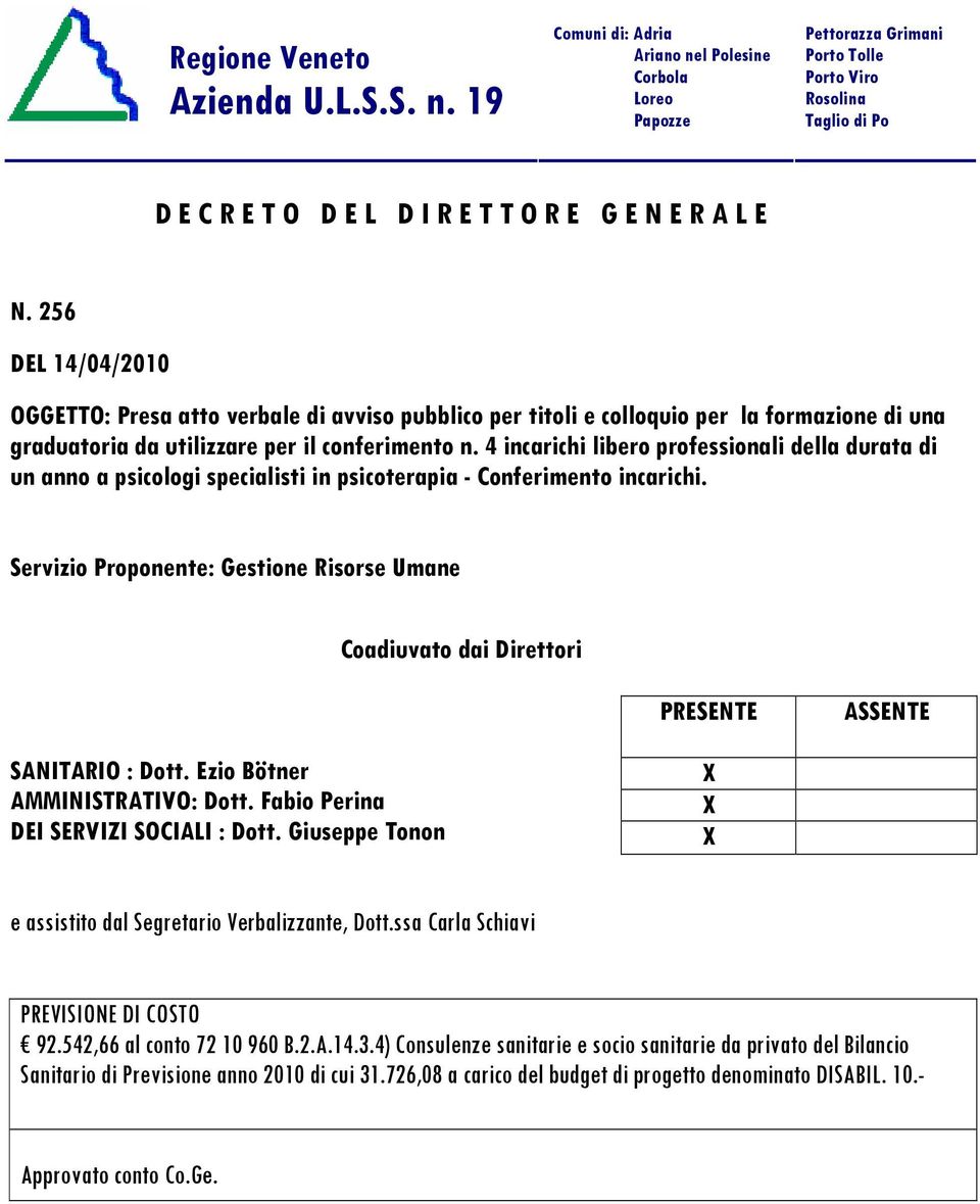 256 DEL 14/04/2010 OGGETTO: Presa atto verbale di avviso pubblico per titoli e colloquio per la formazione di una graduatoria da utilizzare per il conferimento n.