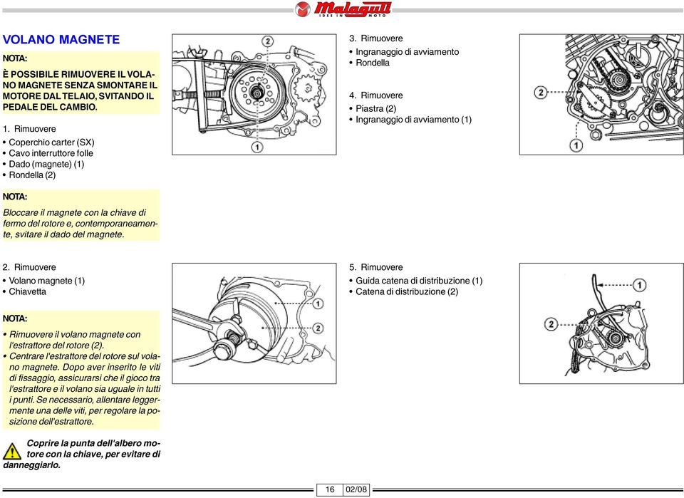 Rimuovere Piastra (2) Ingranaggio di avviamento (1) Bloccare il magnete con la chiave di fermo del rotore e, contemporaneamente, svitare il dado del magnete. 2.