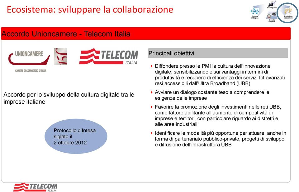 accessibili dall Ultra Broadband (UBB) Avviare un dialogo costante teso a comprendere le esigenze delle imprese Favorire la promozione degli investimenti nelle reti UBB, come fattore abilitante all