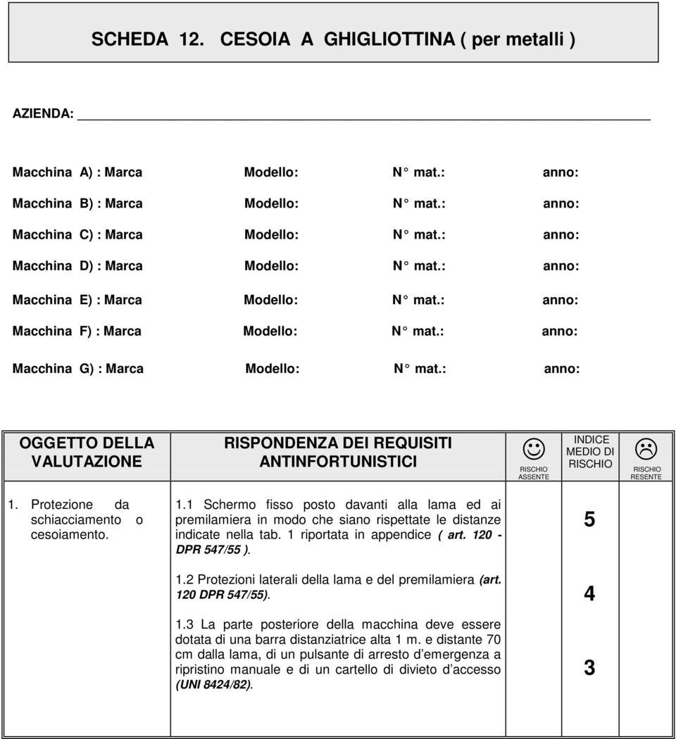 1 Schermo fisso posto davanti alla lama ed ai premilamiera in modo che siano rispettate le distanze indicate nella tab. 1 riportata in appendice ( art. 120 DPR 7 ). 1.2 Protezioni laterali della lama e del premilamiera (art.