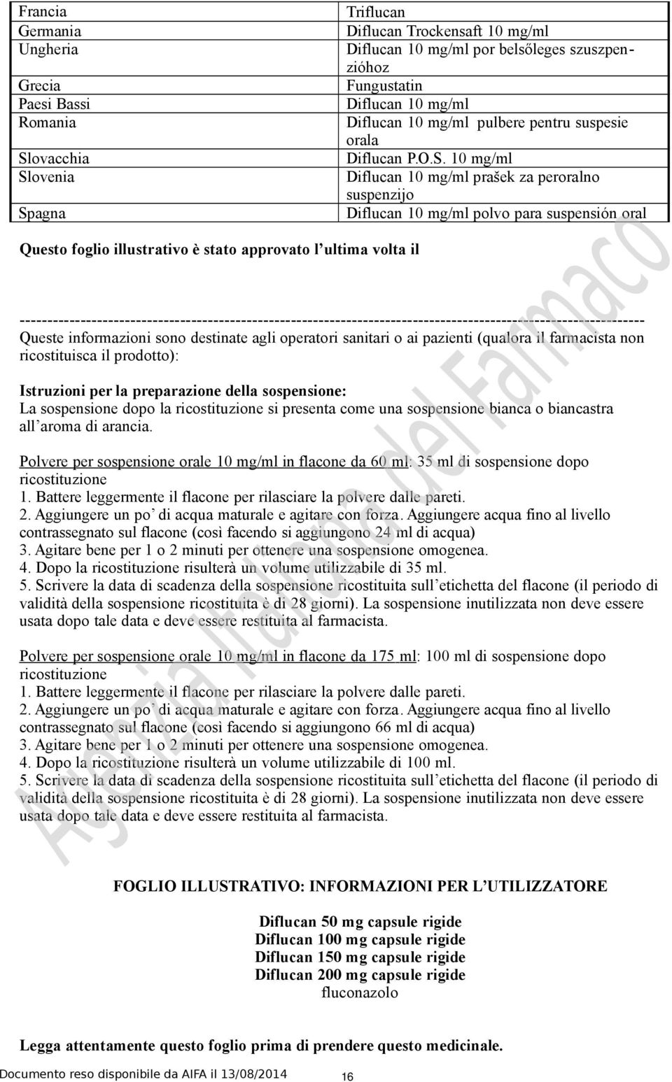 10 mg/ml Diflucan 10 mg/ml prašek za peroralno suspenzijo Diflucan 10 mg/ml polvo para suspensión oral Questo foglio illustrativo è stato approvato l ultima volta il