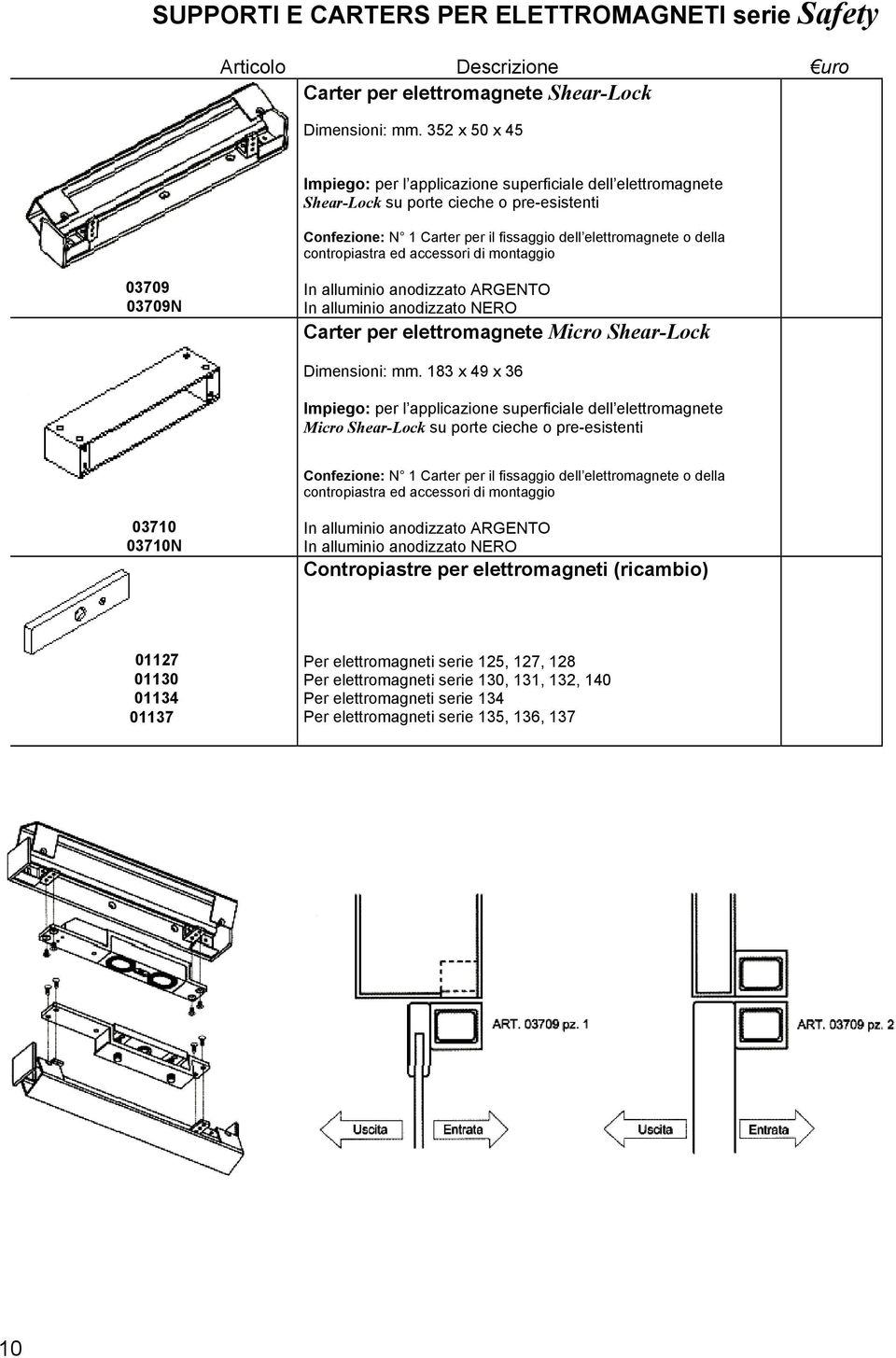 ed accessori di montaggio 03709 03709N In alluminio anodizzato ARGENTO In alluminio anodizzato NERO Carter per elettromagnete Micro Shear-Lock Dimensioni: mm.