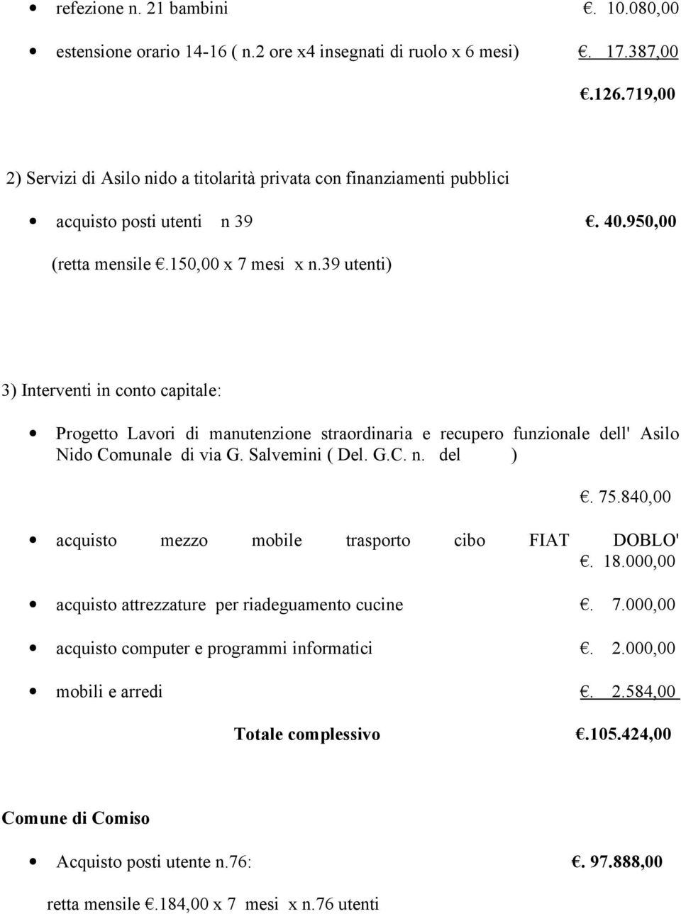 39 utenti) 3) Interventi in conto capitale: Progetto Lavori di manutenzione straordinaria e recupero funzionale dell' Asilo Nido Comunale di via G. Salvemini ( Del. G.C. n. del ). 75.