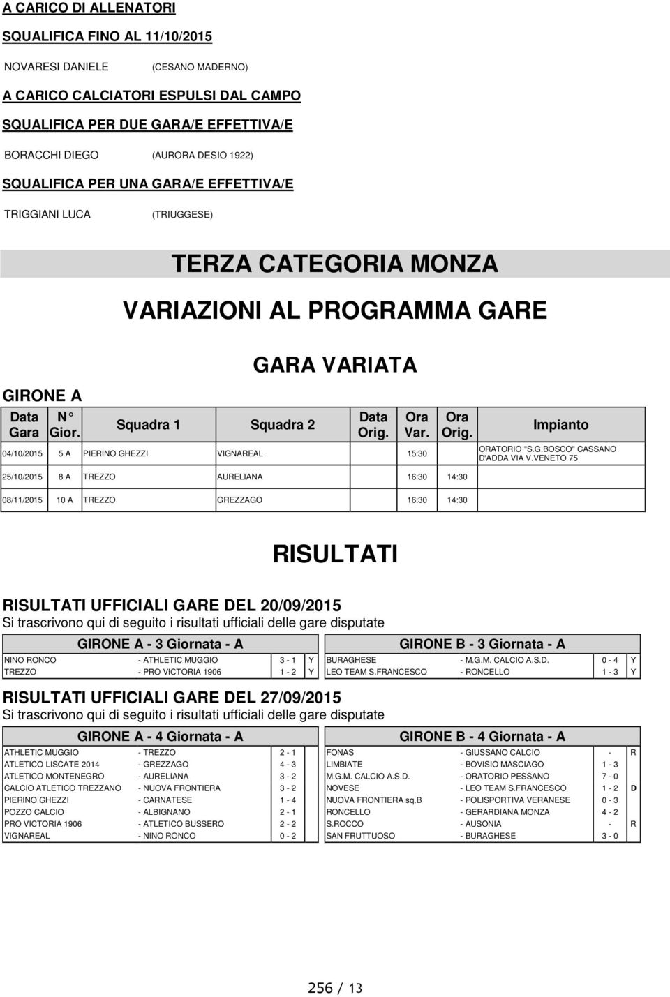 04/10/2015 5 A PIERINO GHEZZI VIGNAREAL 15:30 Impianto ORATORIO "S.G.BOSCO" CASSANO D'ADDA VIA V.