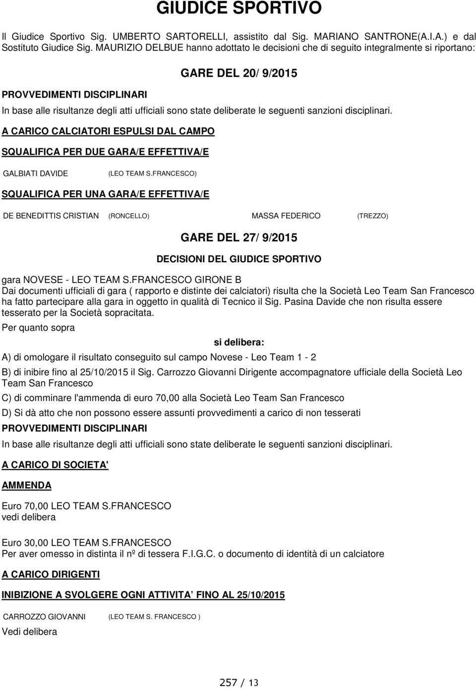 (LEO TEAM S.FRANCESCO) SQUALIFICA PER UNA GARA/E EFFETTIVA/E DE BENEDITTIS CRISTIAN (RONCELLO) MASSA FEDERICO (TREZZO) GARE DEL 27/ 9/2015 gara NOVESE - LEO TEAM S.