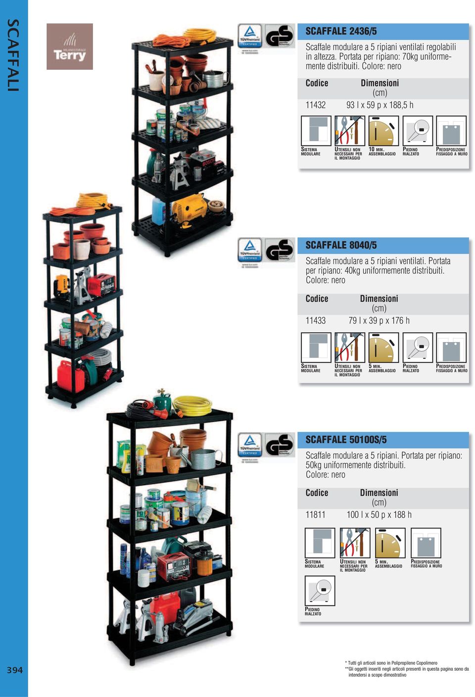 Portata per ripiano: 40kg uniformemente distribuiti. Colore: nero 11433 79 l x 39 p x 176 h UTENSILI NON NECESSARI PER IL MONTAGGIO 5 MIN.