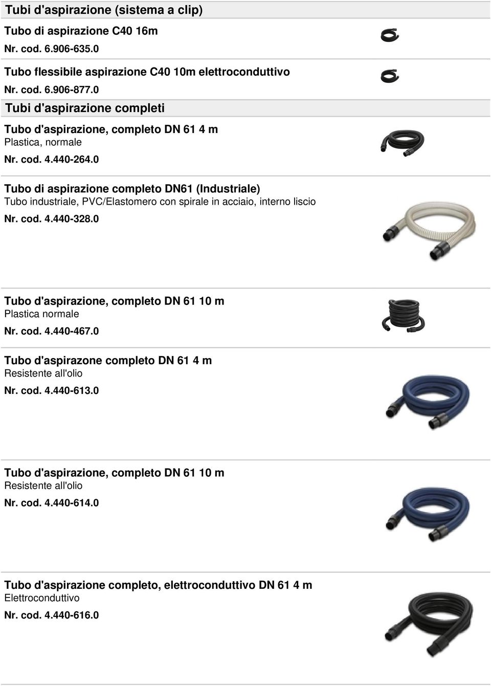 0 Tubo di aspirazione completo DN61 (Industriale) Tubo industriale, PVC/Elastomero con spirale in acciaio, interno liscio Nr. cod. 4.440-328.