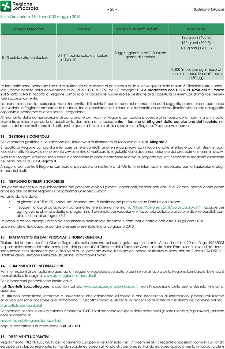 pertinenza della relativa quota della misura 5 Tirocinio extra-curriculare, come definita nella convenzione di cui alla D.G.R. n. 1761 del 08 maggio 2014 e modificata con D.G.R. N.