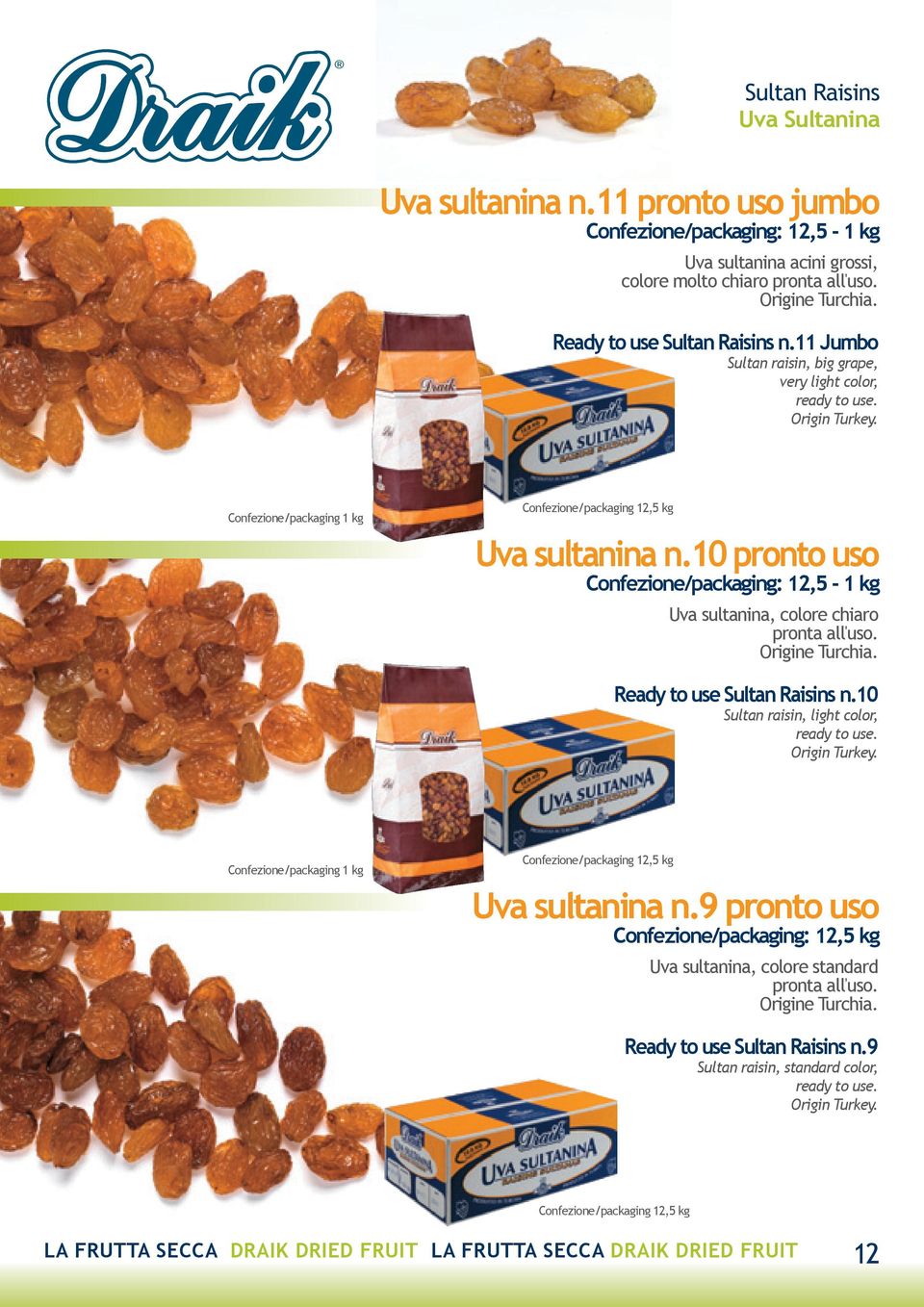 10 pronto uso Confezione/packaging: 12,5-1 kg Uva sultanina, colore chiaro pronta all'uso. Origine Turchia. Ready to use Sultan Raisins n.10 Sultan raisin, light color, ready to use. Origin Turkey.