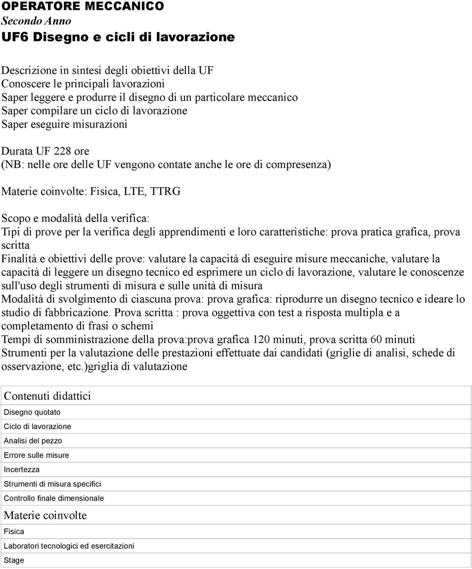 obiettivi delle prove: valutare la capacità di eseguire misure meccaniche, valutare la capacità di leggere un disegno tecnico ed esprimere un ciclo di lavorazione, valutare le conoscenze sull'uso