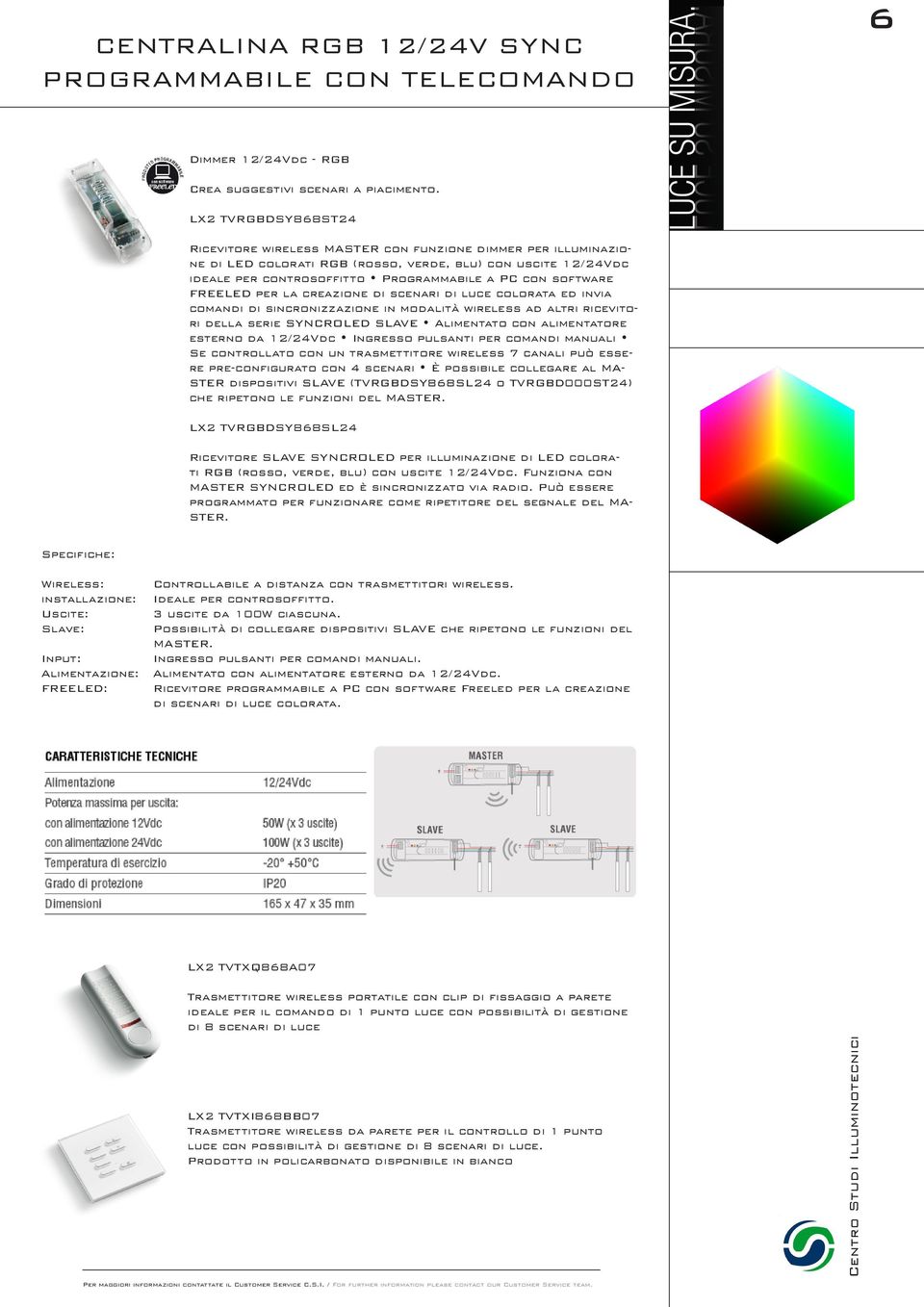 software FREELED per la creazione di scenari di luce colorata ed invia comandi di sincronizzazione in modalità wireless ad altri ricevitori della serie SYNCROLED SLAVE Alimentato con alimentatore