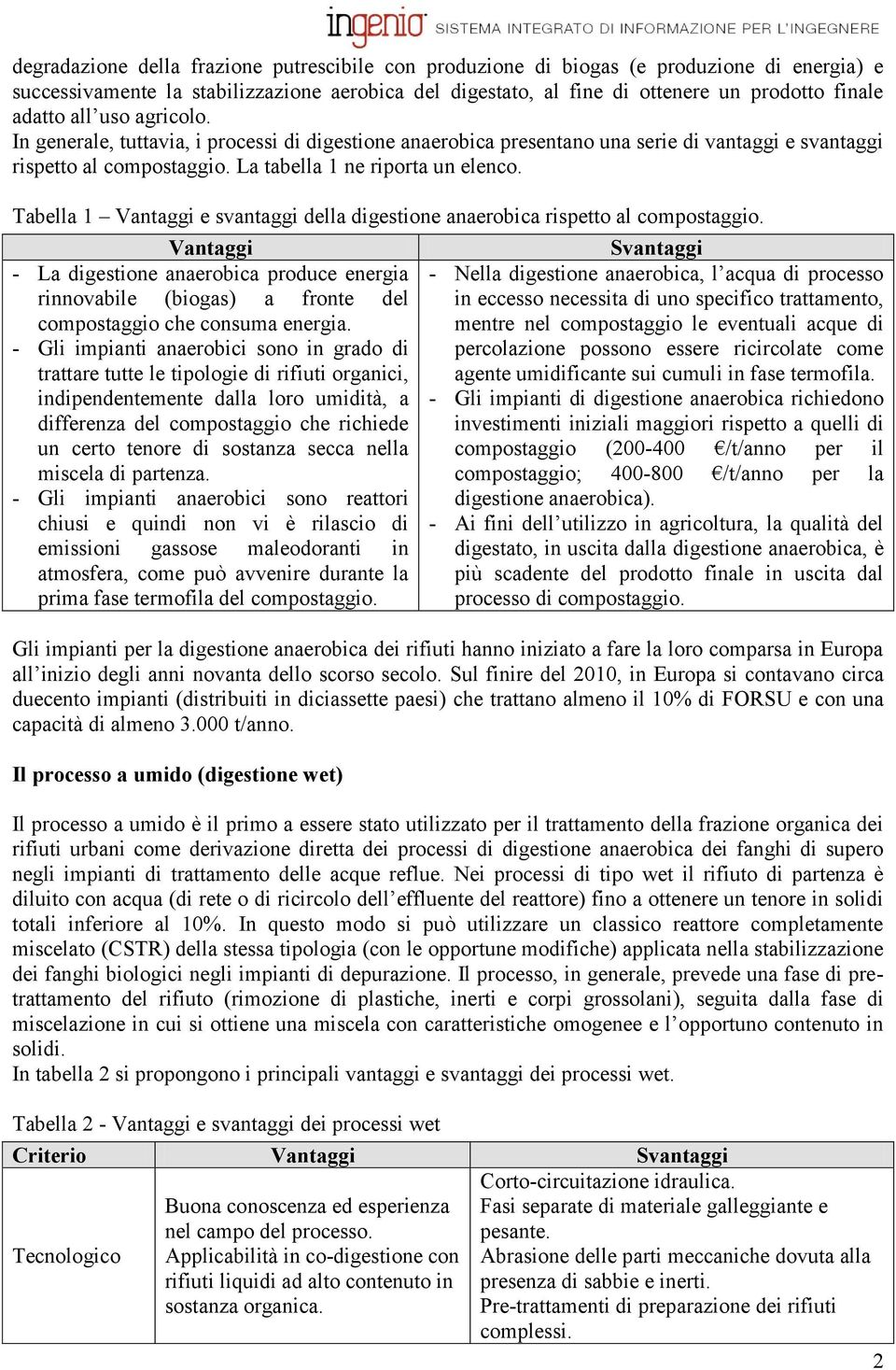 Tabella 1 Vantaggi e svantaggi della digestione anaerobica rispetto al compostaggio.