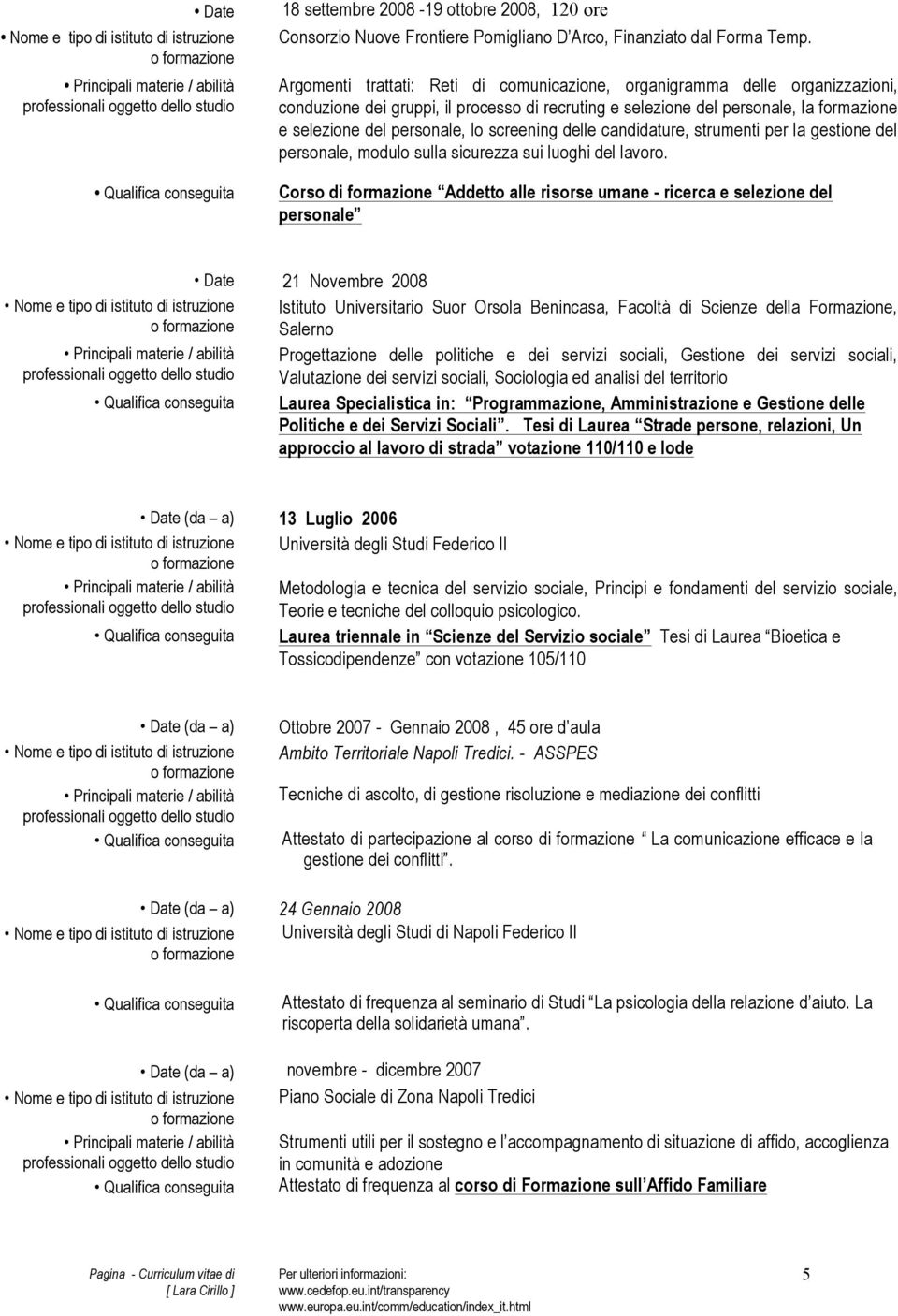 gestione del personale, modulo sulla sicurezza sui luoghi del Corso di formazione Addetto alle risorse umane - ricerca e selezione del personale 21 Novembre 2008 Nome e tipo di istituto di istruzione