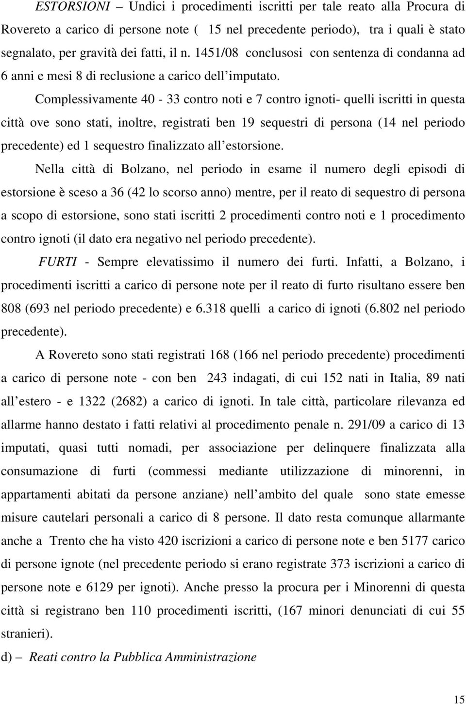 Complessivamente 40-33 contro noti e 7 contro ignoti- quelli iscritti in questa città ove sono stati, inoltre, registrati ben 19 sequestri di persona (14 nel periodo precedente) ed 1 sequestro