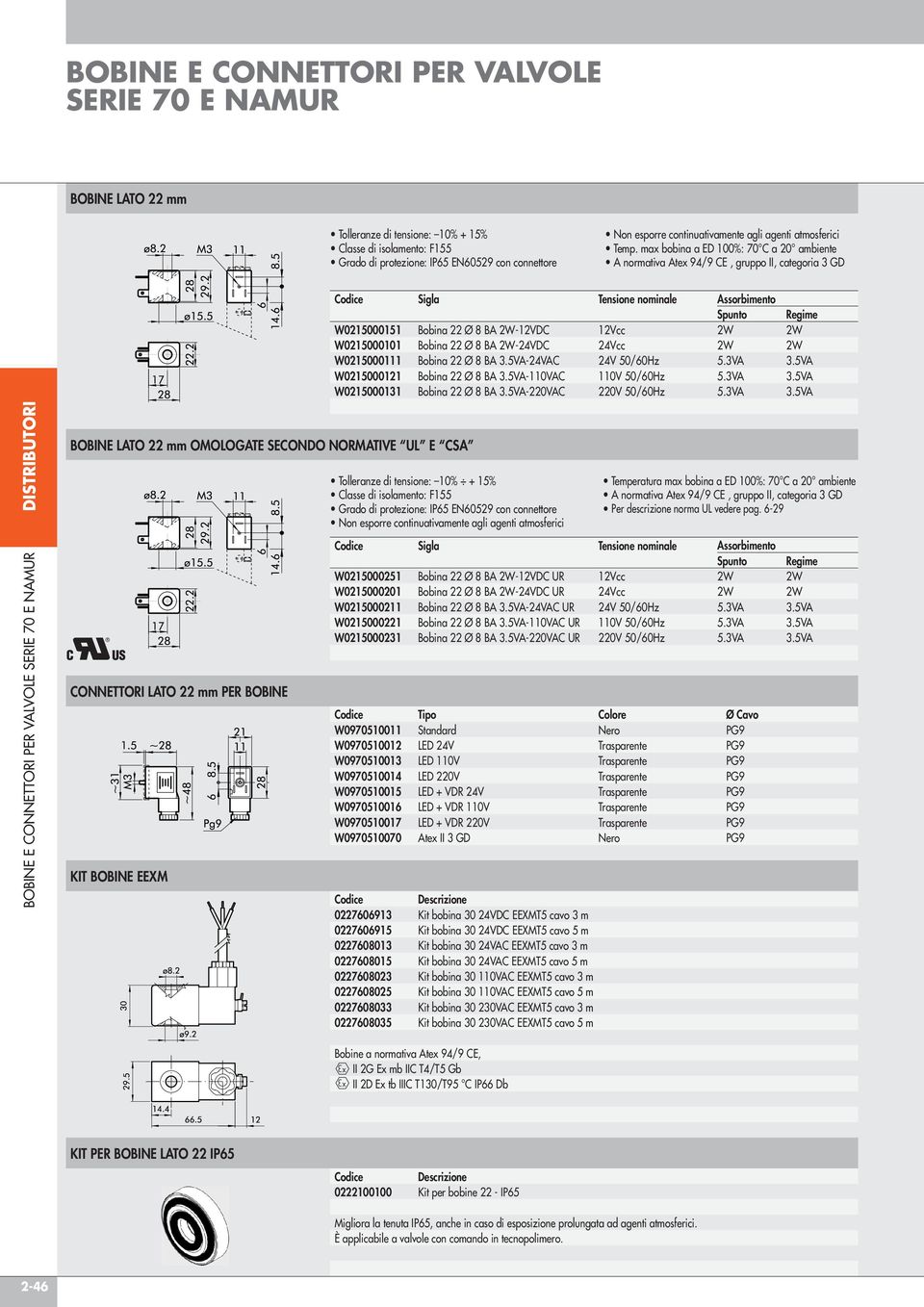 Ø 8 BA 3.5VA-24VAC 24V 50/60Hz 5.3VA 3.5VA W0215000121 Bobina 22 Ø 8 BA 3.5VA-110VAC 110V 50/60Hz 5.3VA 3.5VA W0215000131 Bobina 22 Ø 8 BA 3.5VA-220VAC 220V 50/60Hz 5.3VA 3.5VA DISTRIBUTORI BOBINE E CONNETTORI PER VALVOLE SERIE 70 E NAMUR CONNETTORI LATO 22 mm PER BOBINE KIT BOBINE EEXM Per descrizione norma UL vedere pag.