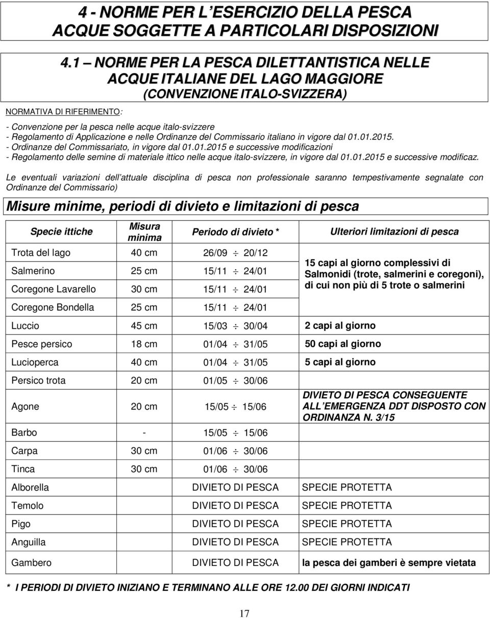 di Applicazione e nelle Ordinanze del Commissario italiano in vigore dal 01.01.2015. - Ordinanze del Commissariato, in vigore dal 01.01.2015 e successive modificazioni - Regolamento delle semine di materiale ittico nelle acque italo-svizzere, in vigore dal 01.