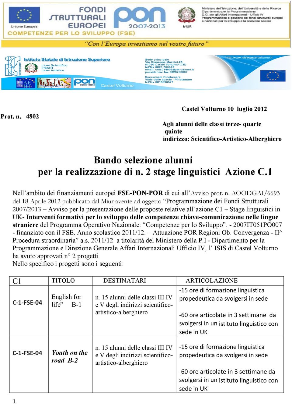 AOODGAI/6693 del 18 Aprile 2012 pubblicato dal Miur avente ad oggetto Programmazione dei Fondi Strutturali 2007/2013 Avviso per la presentazione delle proposte relative all azione C1 Stage