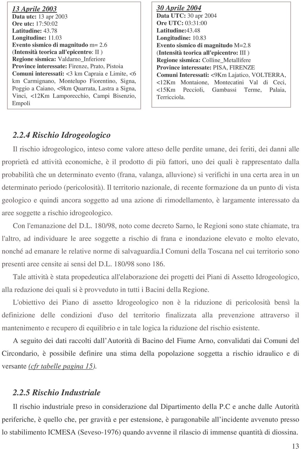 Fiorentino, Signa, Poggio a Caiano, <9km Quarrata, Lastra a Signa, Vinci, <12Km Lamporecchio, Campi Bisenzio, Empoli 30 Aprile 2004 Data UTC: 30 apr 2004 Ore UTC: 03:31:00 Latitudine:43.