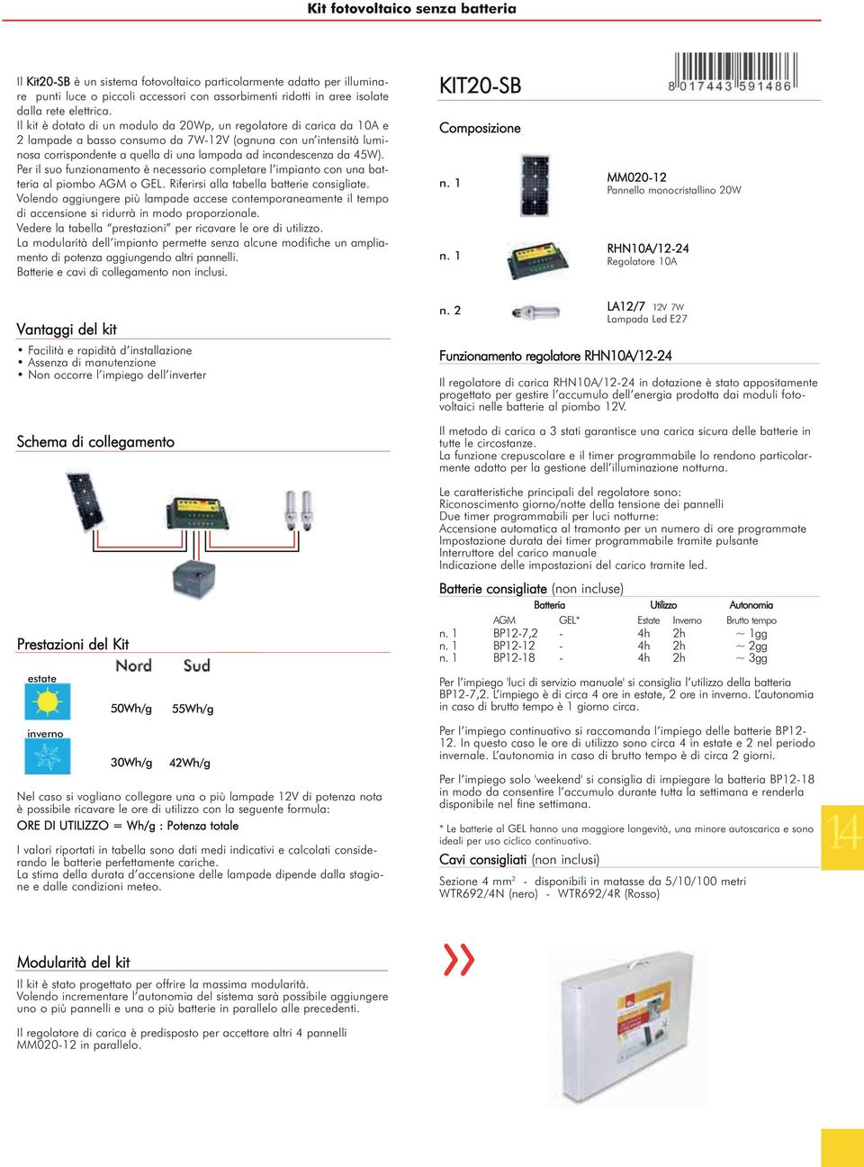 Il kit è dotato di un modulo da 20Wp, un regolatore di carica da A e 2 lampade a basso consumo da 7W-12V (ognuna con un intensità luminosa corrispondente a quella di una lampada ad incandescenza da