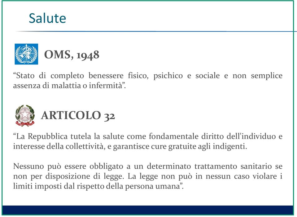 ARTICOLO 32 La Repubblica tutela la salute come fondamentale diritto dell'individuo e interesse della collettività, e