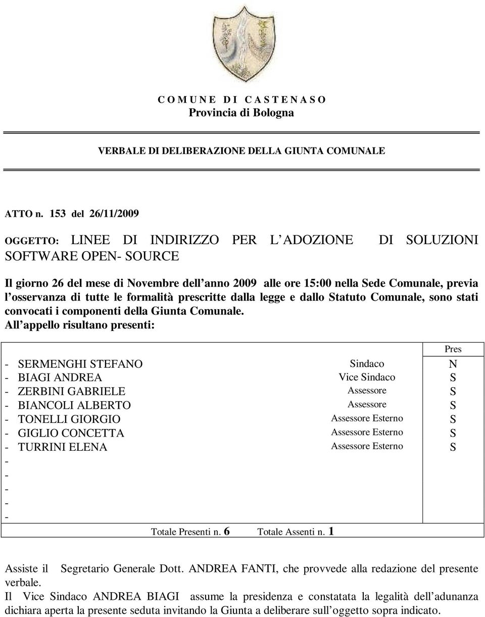 osservanza di tutte le formalità prescritte dalla legge e dallo Statuto Comunale, sono stati convocati i componenti della Giunta Comunale.