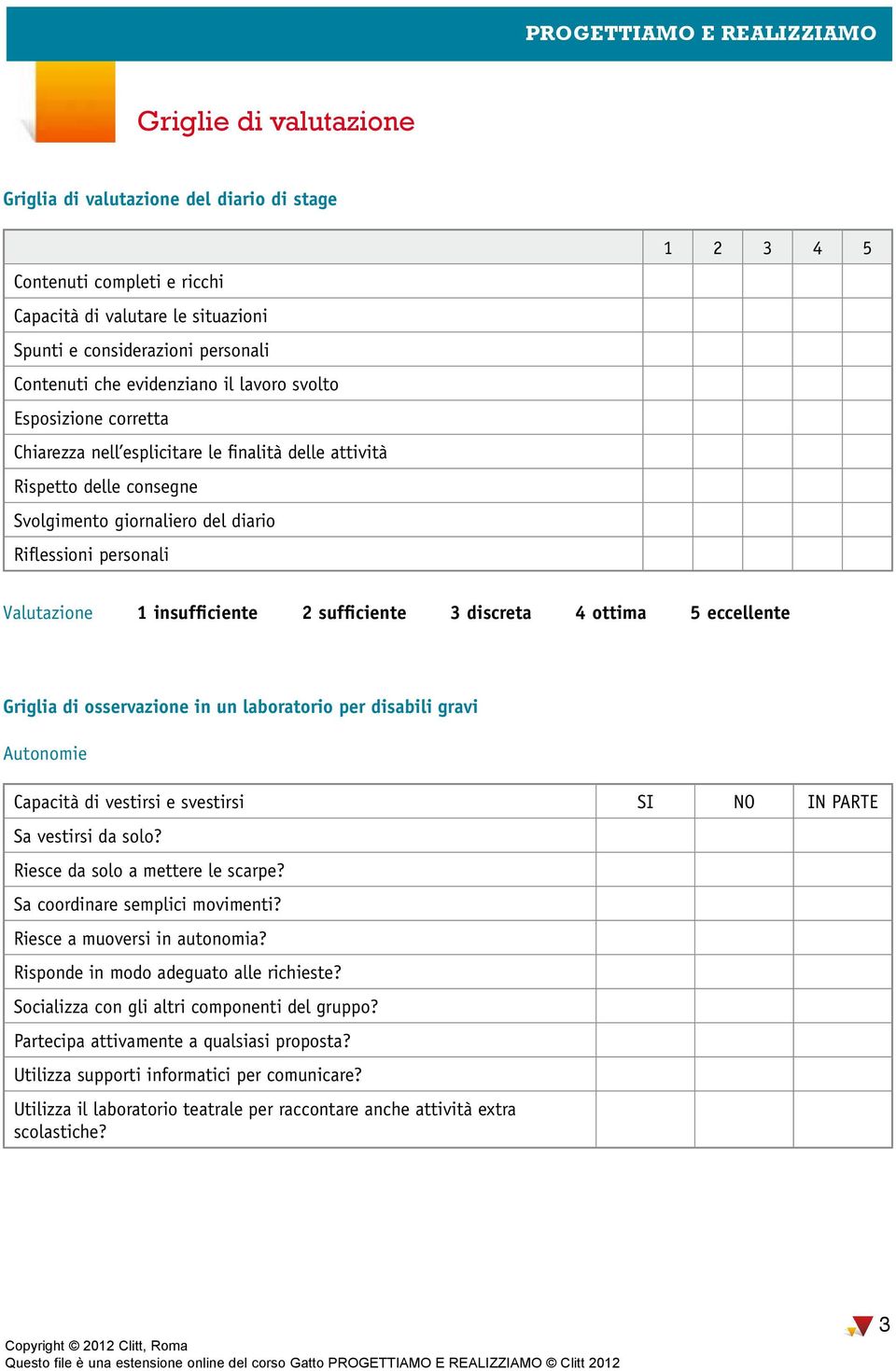 discreta 4 ottima 5 eccellente Griglia di osservazione in un laboratorio per disabili gravi Autonomie Capacità di vestirsi e svestirsi SI NO IN PARTE Sa vestirsi da solo?