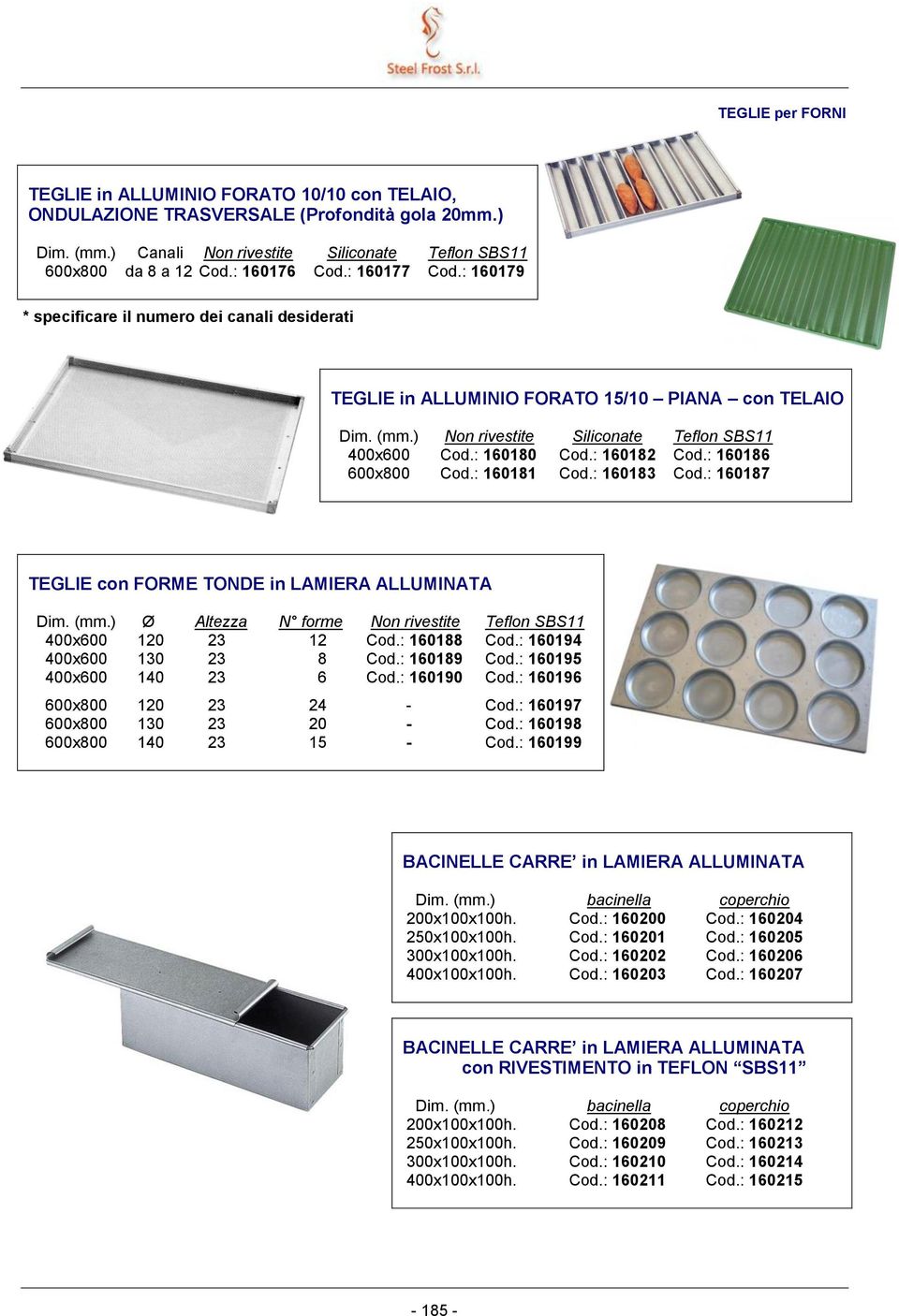 : 160180 Cod.: 160182 Cod.: 160186 600x800 Cod.: 160181 Cod.: 160183 Cod.: 160187 TEGLIE con FORME TONDE in LAMIERA ALLUMINATA Dim. (mm.