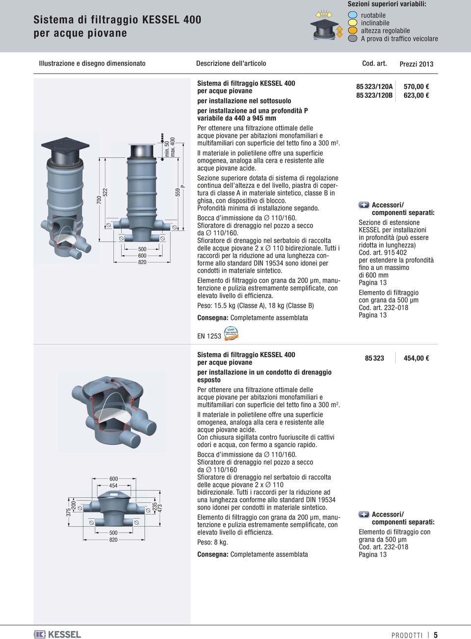 400 559 P Sistema di filtraggio KESSE 400 per acque piovane per installazione nel sottosuolo per installazione ad una profondità P variabile da 440 a 945 mm Per ottenere una filtrazione ottimale