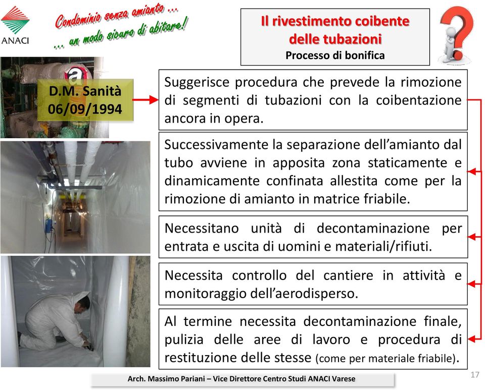 Successivamente la separazione dell amianto dal tubo avviene in apposita zona staticamente e dinamicamente confinata allestita come per la rimozione di amianto in matrice