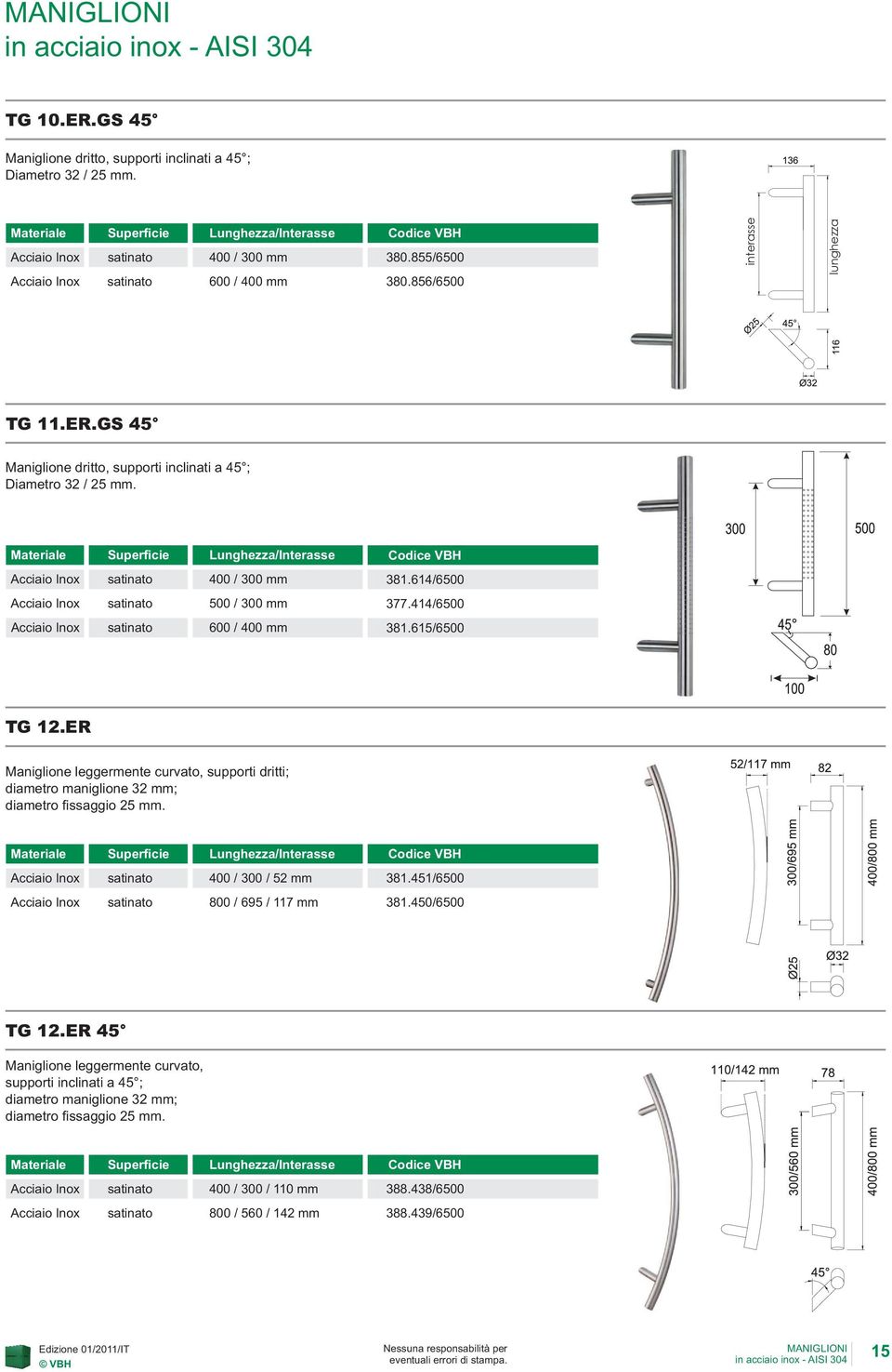 Materiale Superficie Lunghezza/Interasse Acciaio Inox satinato 400 / 300 mm 381.614/6500 Acciaio Inox satinato 500 / 300 mm 377.414/6500 Acciaio Inox satinato 600 / 400 mm 381.615/6500 TG 12.